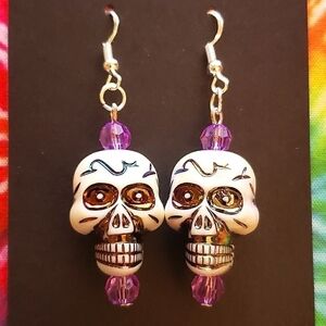 HANDMADE Beaded White Rainbow iridescent skull dangle earrings